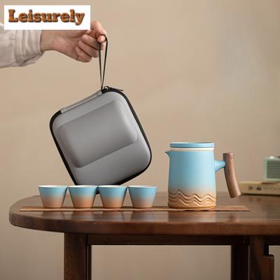 Retro Wave Pottery Filter Tea Separator Travel Tea Set Kit Boutique 1 Pot 4 Cups Tea Making Organizer Portable Outdoor Handbag