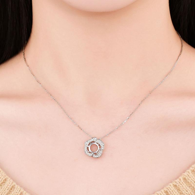 8.3mm S925 Sterling Silver French Chic Rose Camellia Necklace with Empty Setting Clavicle Chain