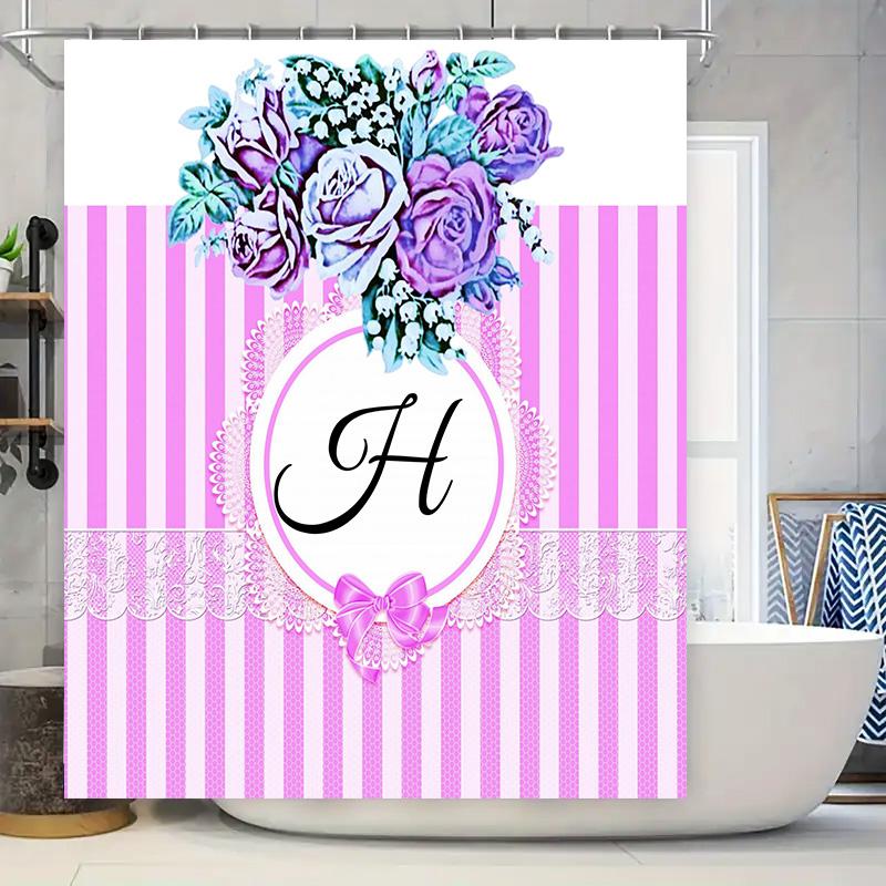 

Vintage Floral Design Pink Striped Shower Curtain With Letter H For Bathroom Decor Customizable Size Available W60H190(CM)-1 Pcs