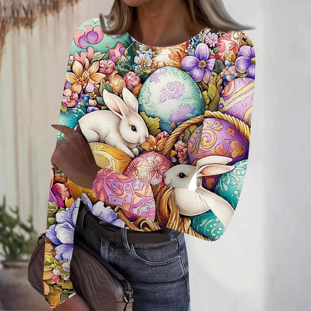 Women's Casual Fashion Round Neck Easter Print Long Sleeve Strip Top
