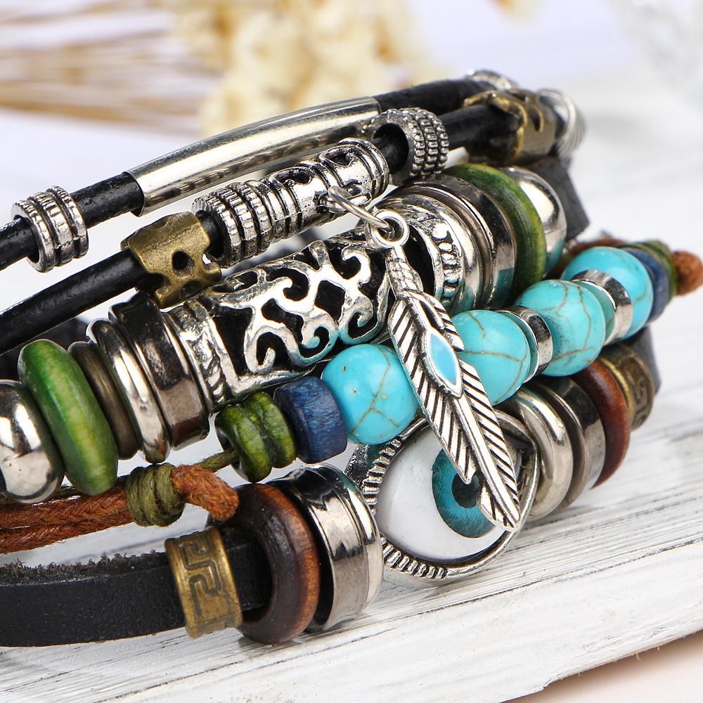 Ethnic Alloy Feather Pendant Cowhide Beaded Woven Bracelet