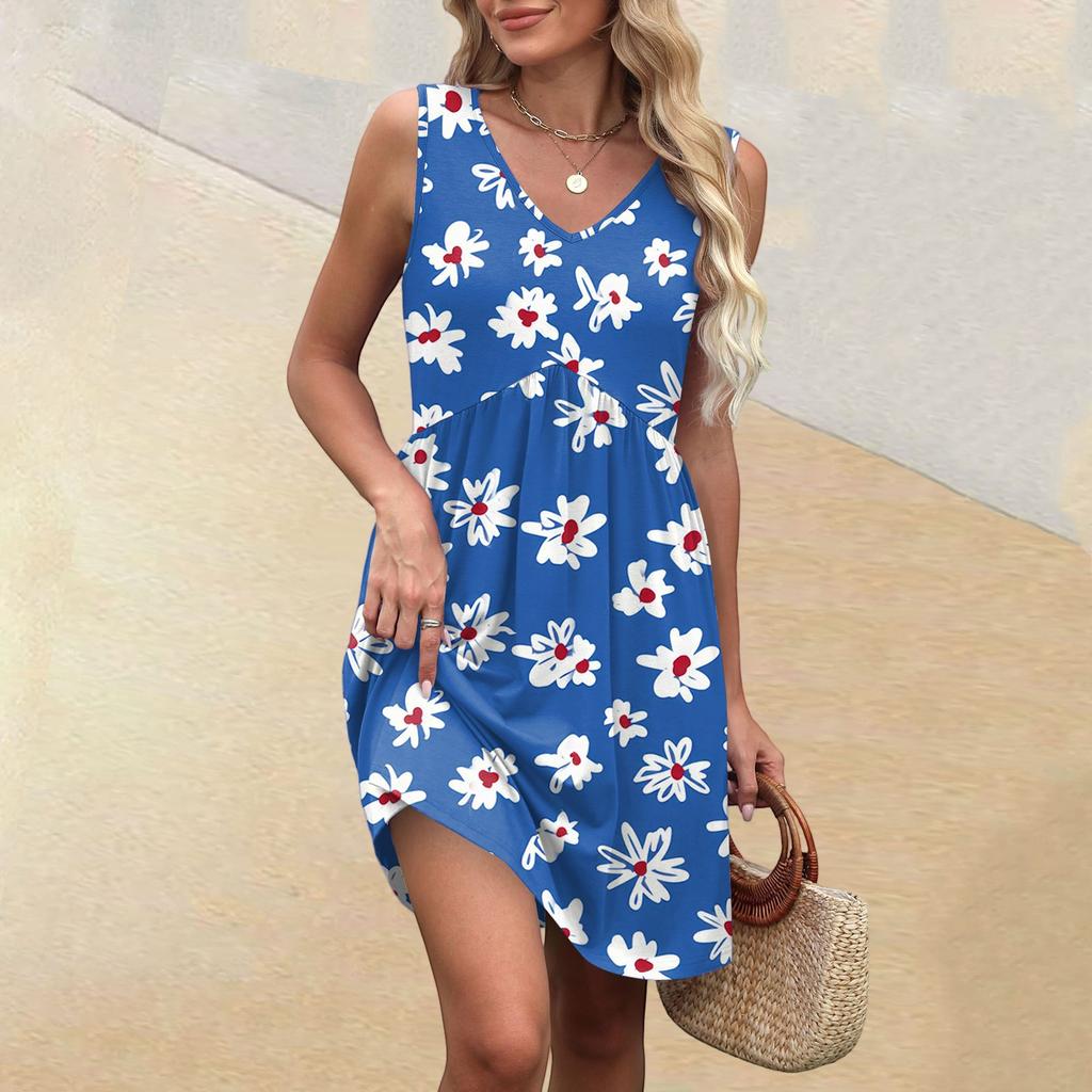 Women's Summer V-neck Casual Beach Vacation Style Vintage Floral Print Sleeveless Splicing Dresses