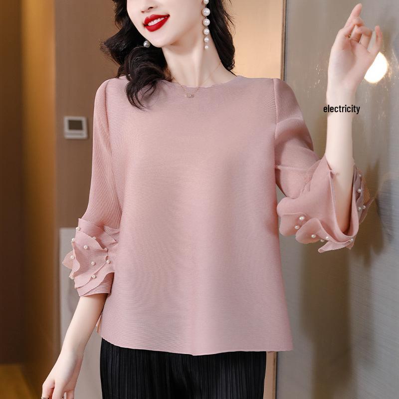 

Женский плиссированный топ с рукавами-рюшами Miyake - Лето 2025, Большой размер, Круглый вырез, Приталенный силуэт XL розовый