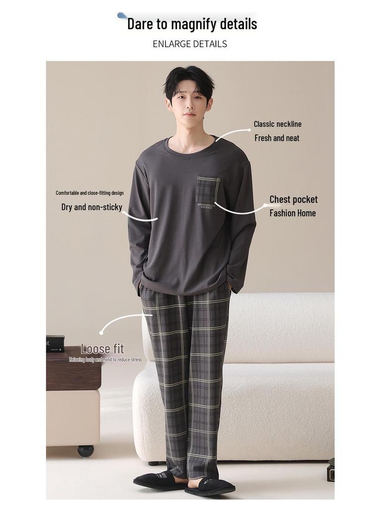 Men's 100% Cotton Long Sleeve & Pants Pajama Set - Korean Style Casual Homewear for Indoor/Outdoor Use