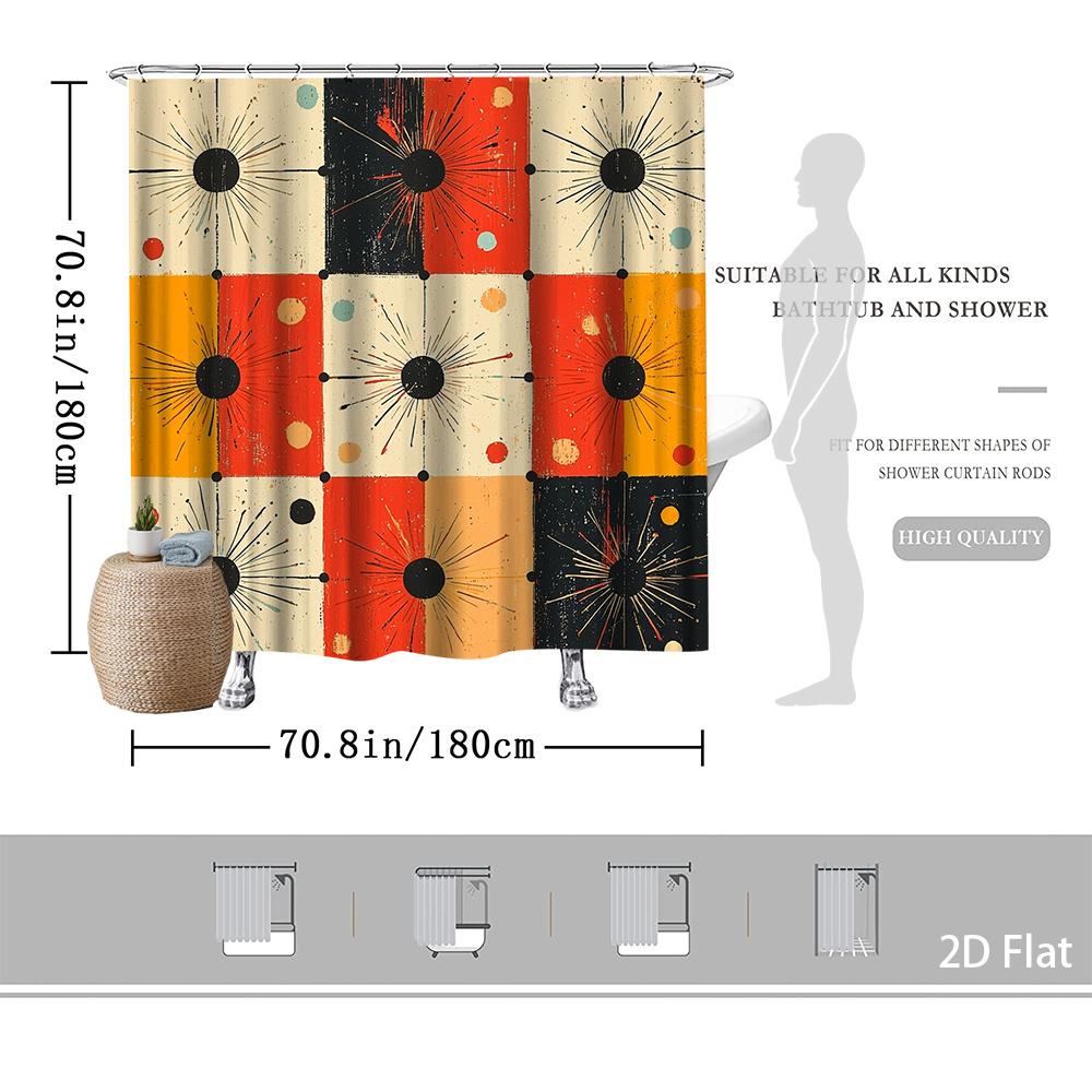 Modern Retro Geometric Shower Curtain – Bold Color Blocks & Dot Patterns, 2D Flat Design, Machine Washable, Includes Hooks