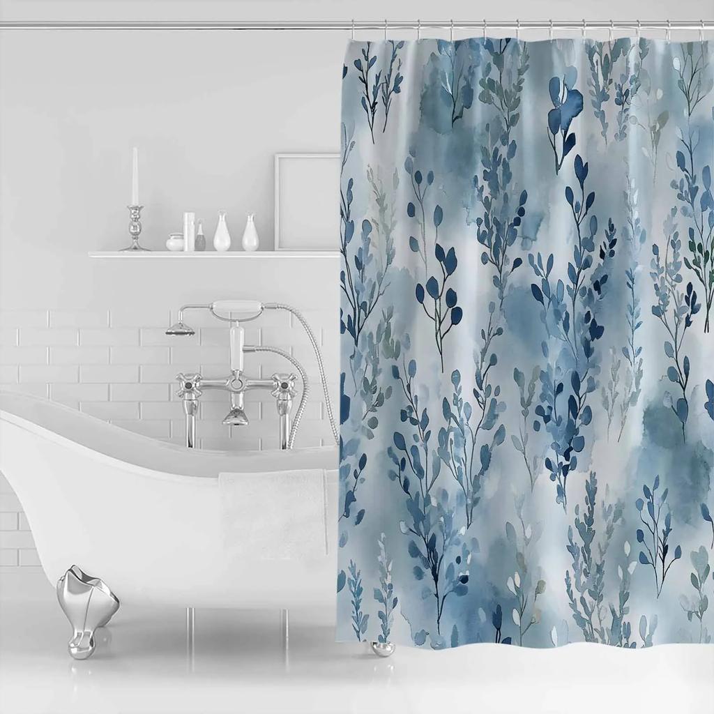 Blue Watercolor Plant Shower Curtains Waterproof Bath Curtains Home Decor Modern Luxury Bathroom Curtain