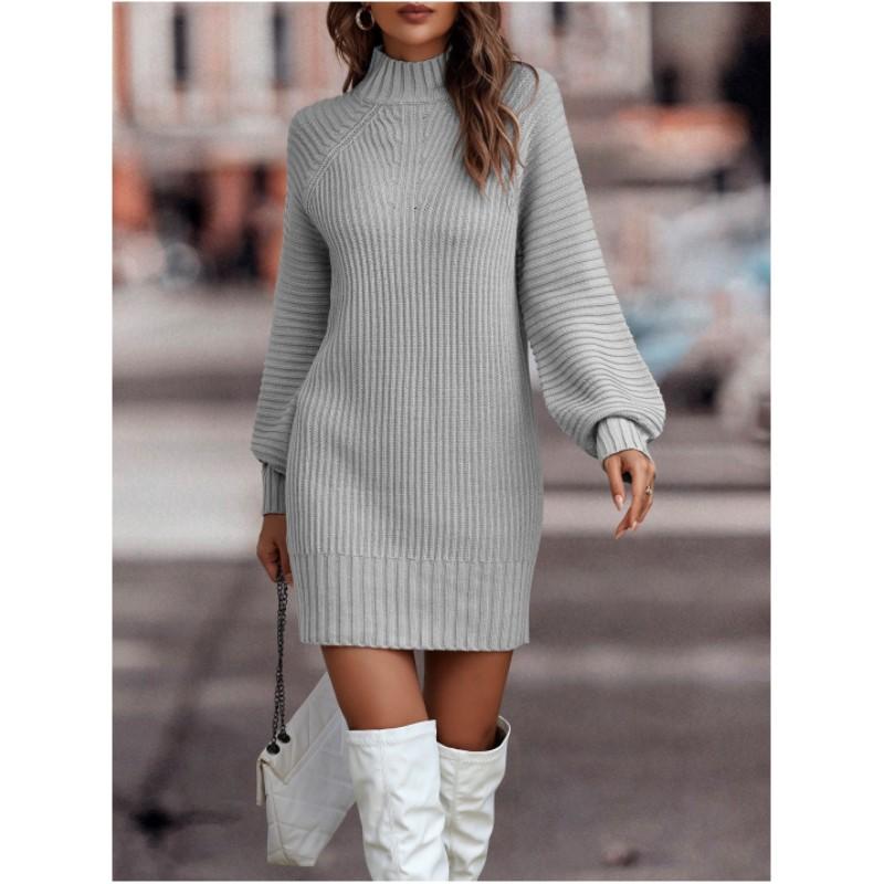 Damen Herbst und Winter Einfarbig Rollkragen Langarm Pullover Frühling Slim Midilänge Pendlerkleider