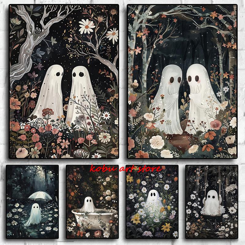 Dark Academia Flowers Ghost Woods Pumpkins Vintage Posters Prints Canvas Painting Wall Art Picture Gothic Halloween Spooky Decor