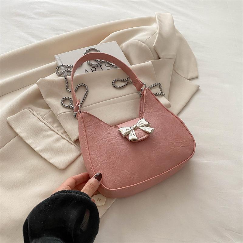Sweet Solid Color Bow Handbag Women's 2025 New Trendy Fashion Niche Underarm Bag Chain Messenger Bag