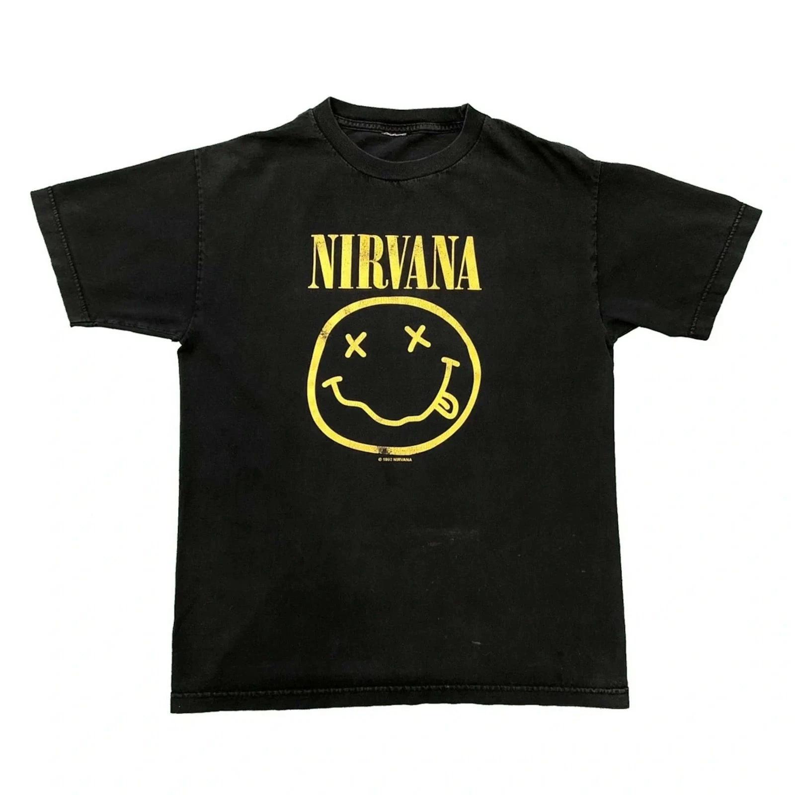Vintage 1992 Nirvana T Shirt Mens Medium Black Kurt Cobain Smiley Face Band Tee XL