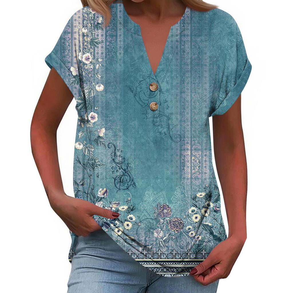 Women's Fashionable Casual Loose-Fit Short-Sleeved Button-Up V-Neck Printed T-Shirt Top