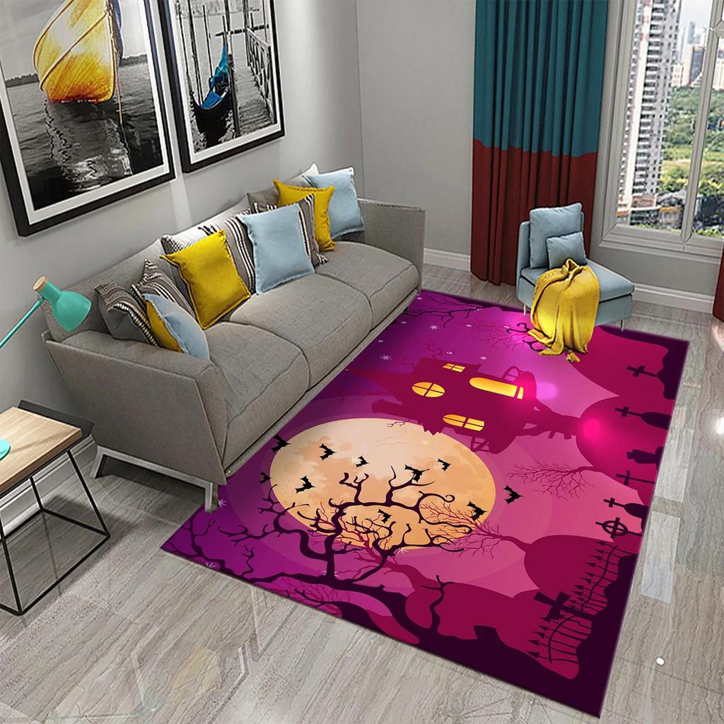 Halloween Theme Area Rug With Cartoon Ghost Pumpkin Bat Haunted House Artistic Patterns Soft Decorative Carpet For Living Room