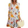 Women's Fashionable V-Neck Button Seven Part Cuff Pocket Floral Dress