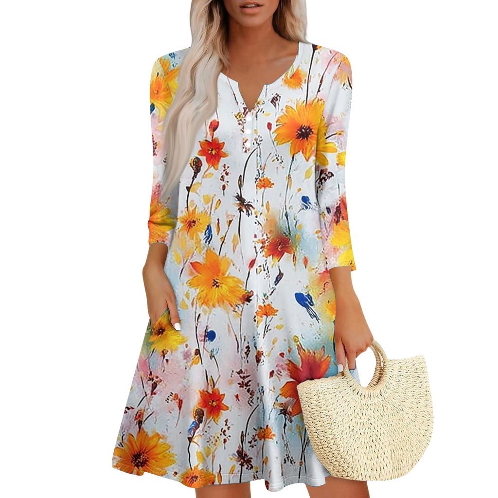 Women's Fashionable V-Neck Button Seven Part Cuff Pocket Floral Dress