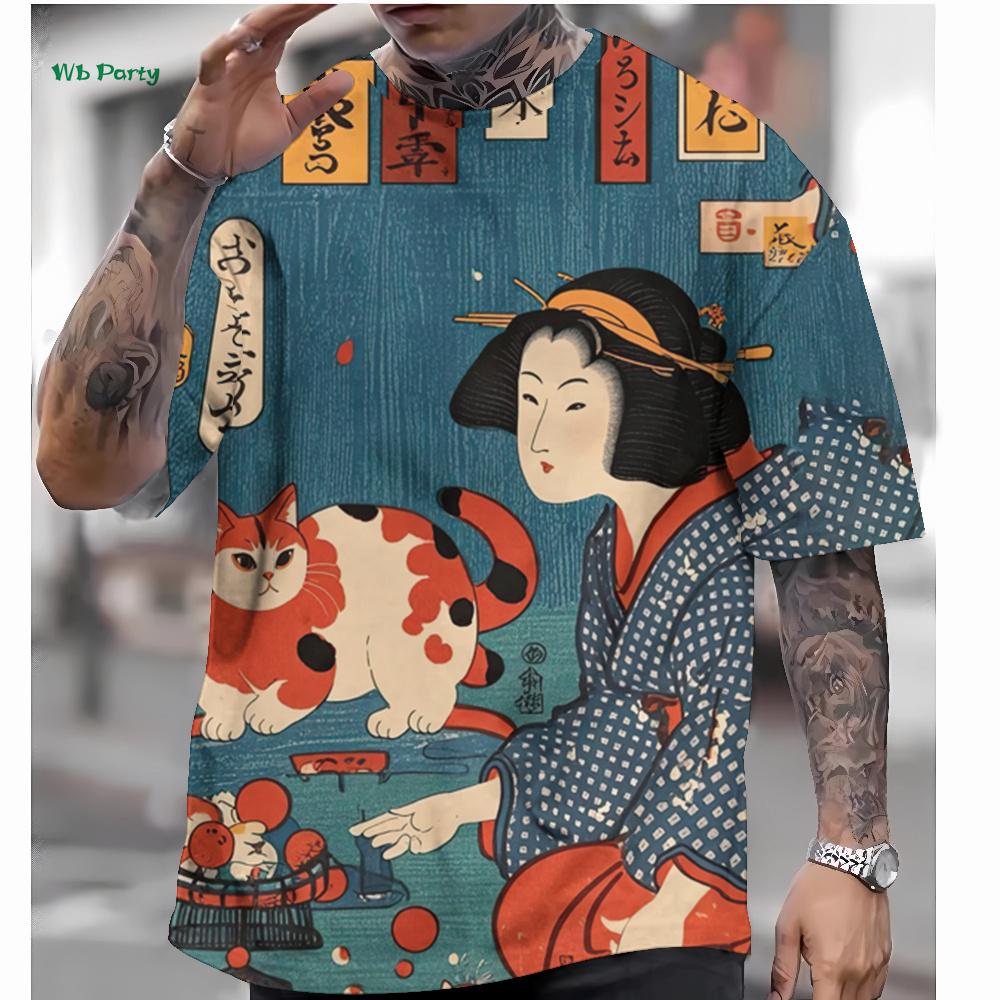 Japanese Style Men's T-Shirt 3D Ukiyo-E Pattern Short Sleeve T-Shirt Oversized Casual Tops Summer Men's Outdoor Casual Clothing