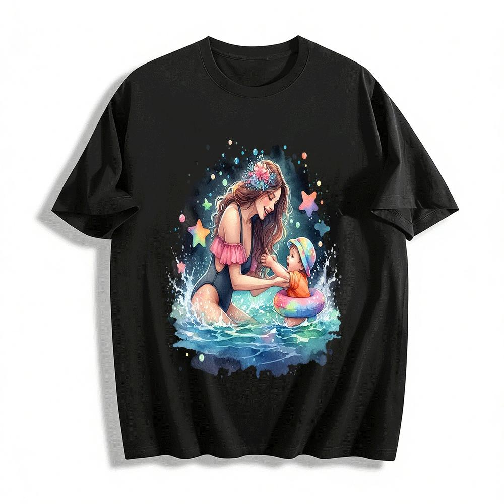 

Warm Parent-child Water Play Printed Adult T-shirt Pure cotton T-shirt XXS
