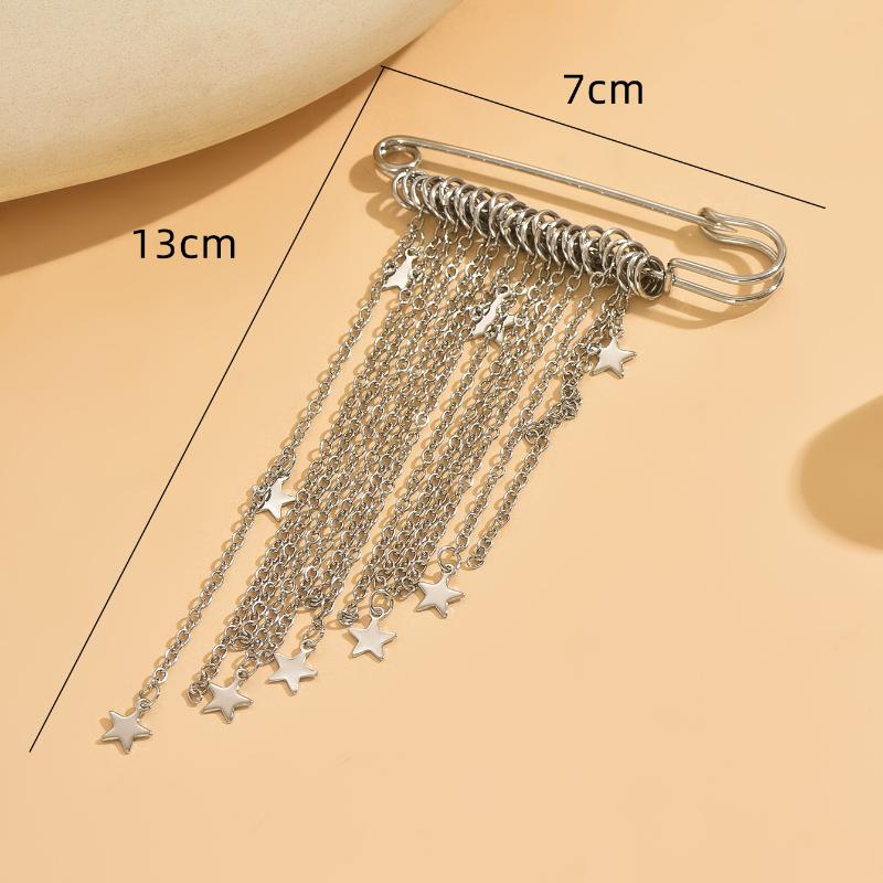 Fashion Silver Color Five-pointed Star Tassel Chain Brooches For Women Hip Hop Rock Metal Star Trousers Shortened Pins Jewelry