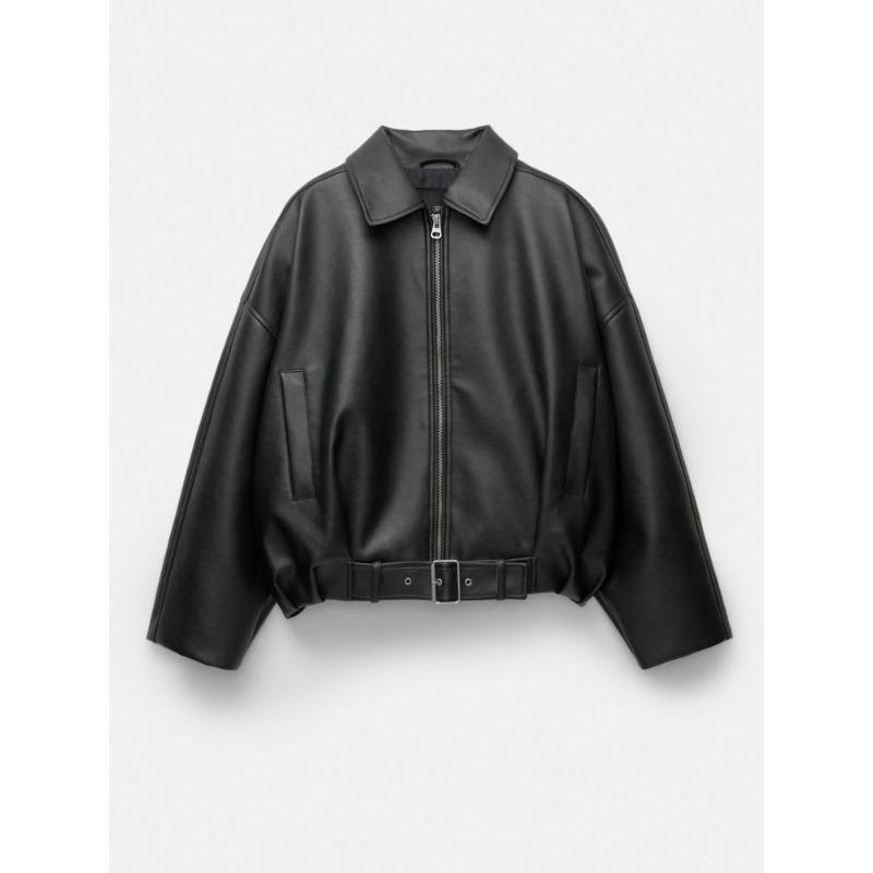 Women's Brown Faux Leather Pilot Jacket with Belt
