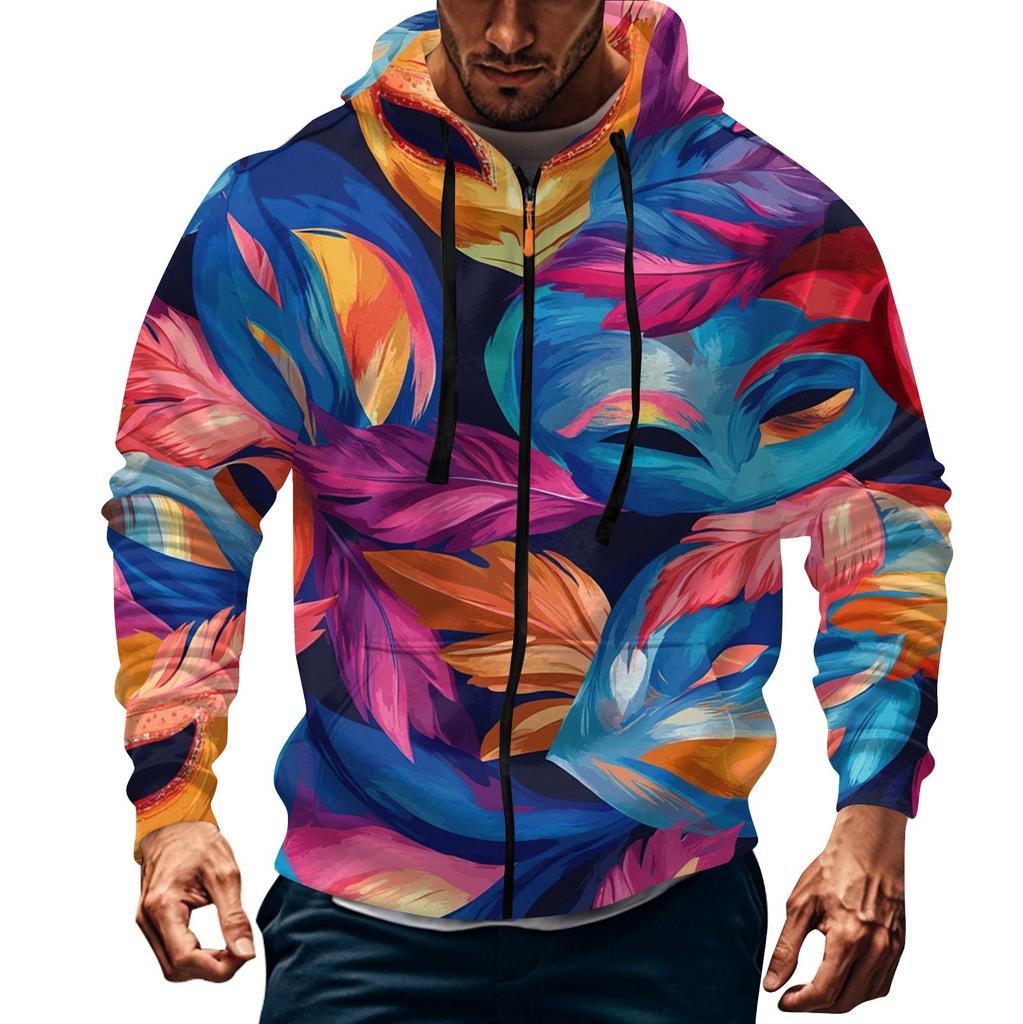 Men's Sports Casual Fleece Hoodie Carnival Print Hoodie Cardigan Zipper Multi-pocket Hoodie Coat