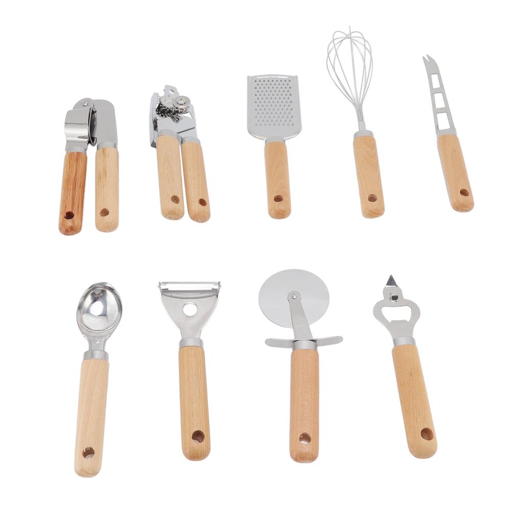 9pcs Kitchen Utensils Wooden Handle Stainless Steel Easy Cleaning Wear Resistant Colorful Package Co