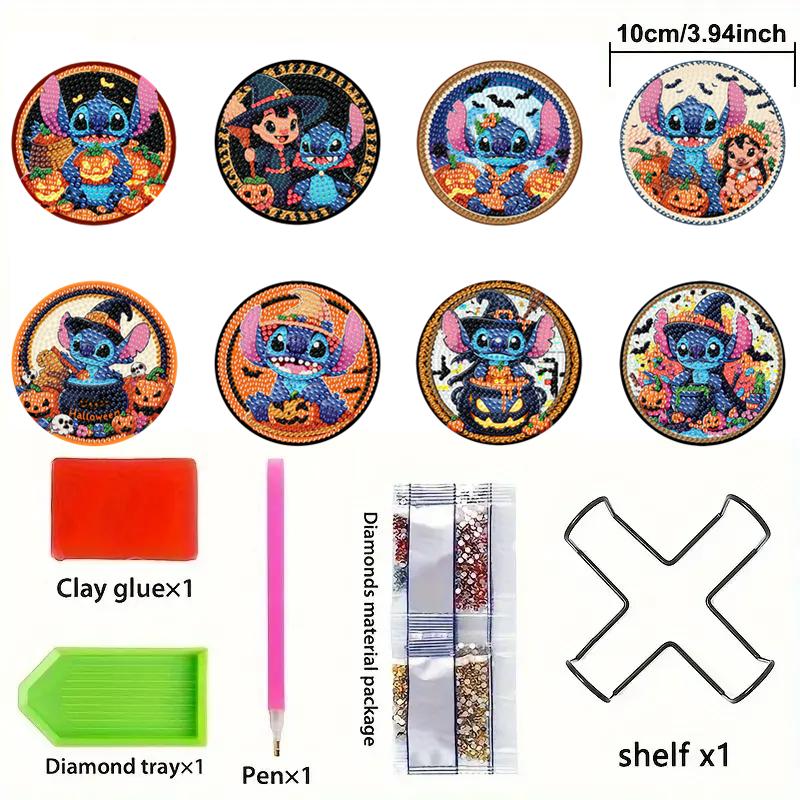 8pcs/Set DIY Lilo & Stitch Diamond Painting Coasters with Holder Anti Slip Wood Coasters Diamond Art Coasters for Adults
