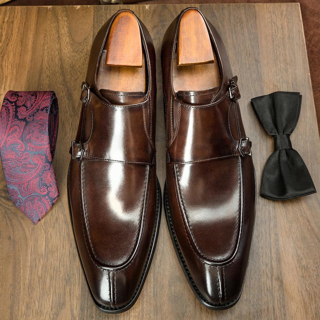 Business Dress Munk Leather Shoes Square Head Men's Shoes Size 48