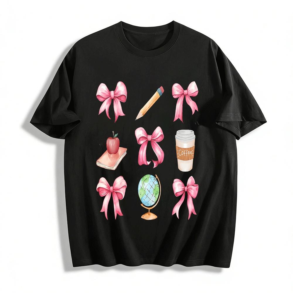 Pink Bow Stationery Coffee Print Casual Top Pure cotton T-shirt XXS
