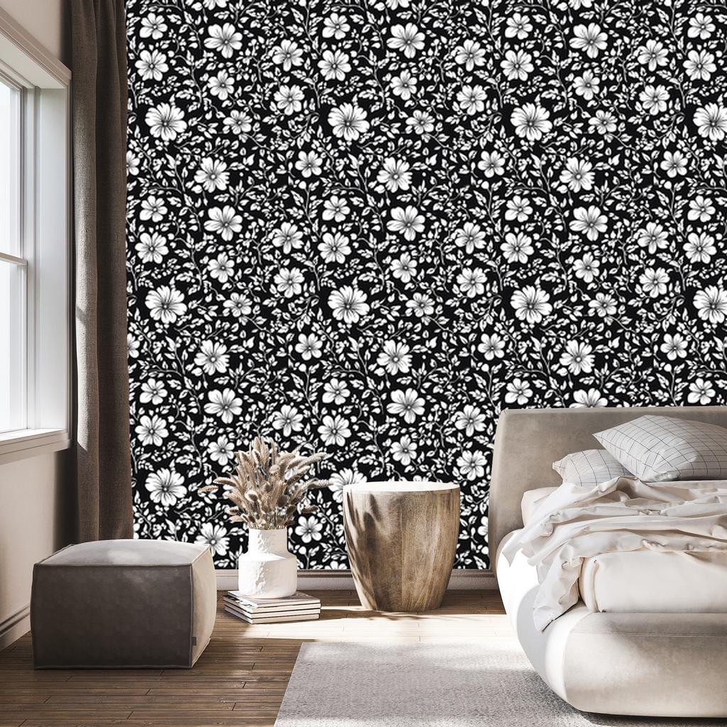 Wallpaper Black and White Flowers Graphite and Gray for Living Room and Bedroom 50x1000