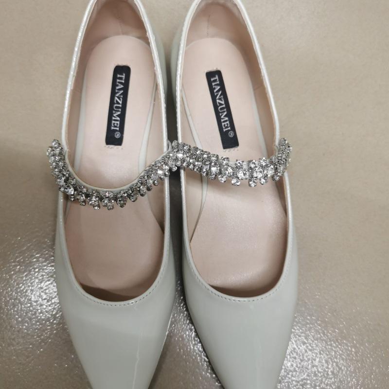 Spring 2025 Fairy Style Rhinestone Chain Mary Jane Flats - Patent Leather, Pointed Toe, Korean Soft Sole