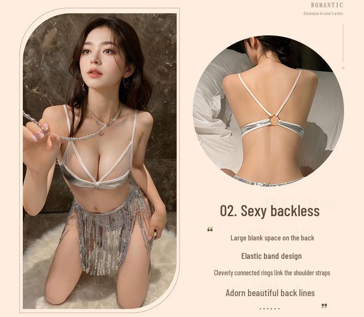 Illusion Nightclub Sequin Tassel Mini Skirt & Split Halter Lingerie 3-Piece Set