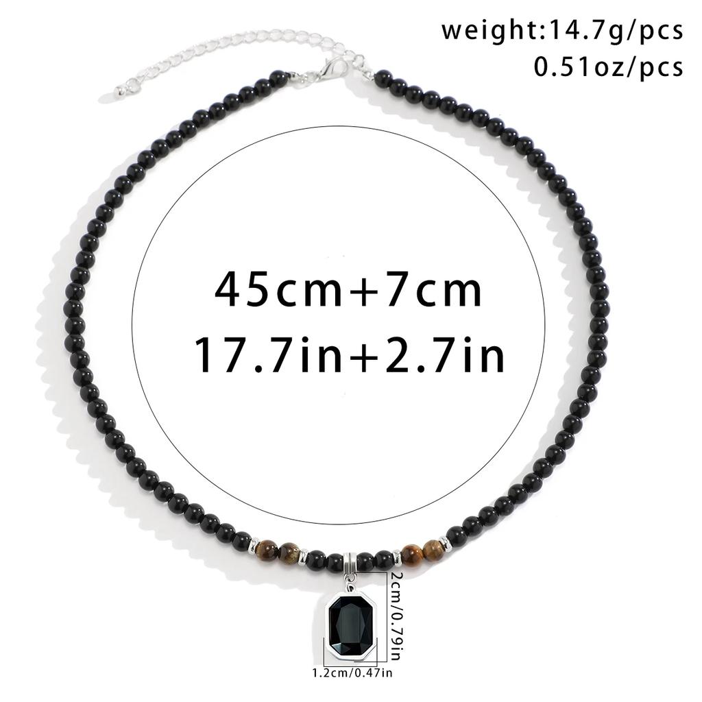 Black Beads with Square Pendant Necklace for Men Trendy Accessories on the Neck Collar 2025 Fashion Jewelry Male Gift Decoration