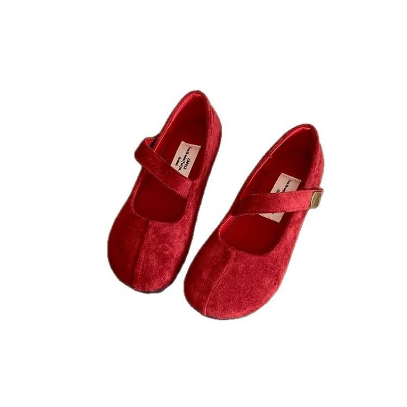 Red retro style round head shallow mouth flat-soled single shoes women's new autumn soft-soled Mary Jane shoes