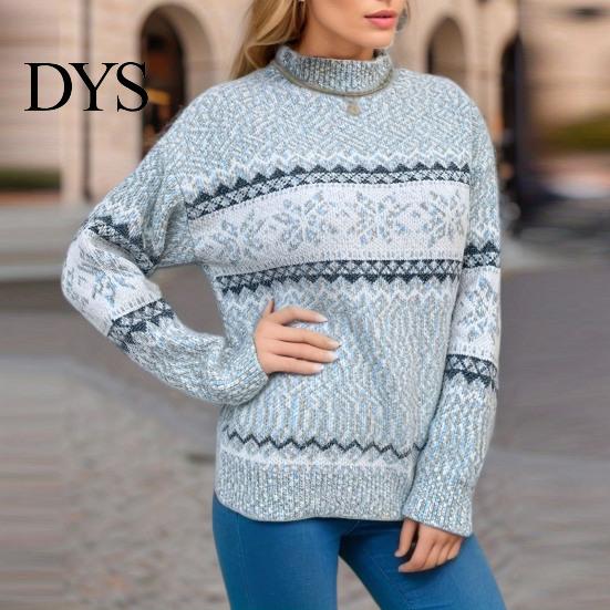 Loose Knitted Pullover Winter Women Christmas Sweater Half-high Collar Color Matching Snowflake Pattern Geometric Print Long Sleeve Knitwear
