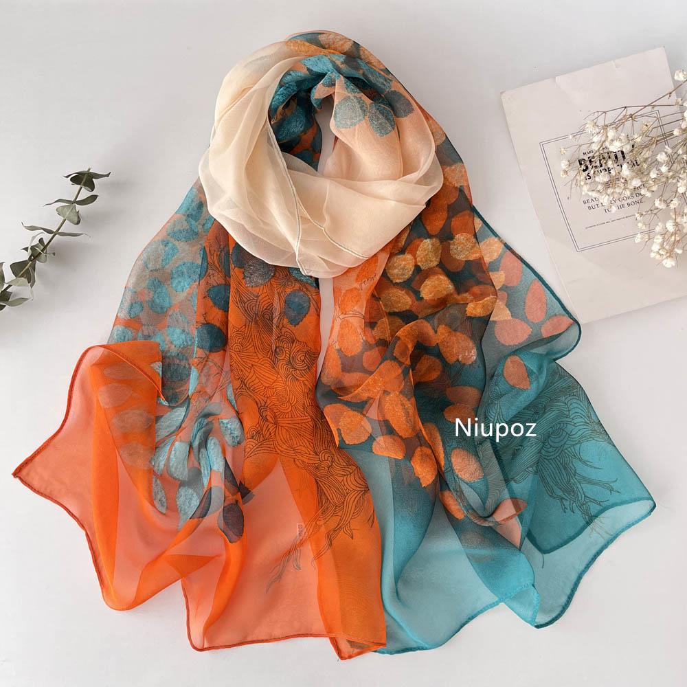 Pretty Gradient Leaves Women Foulard Elegant Chiffon Georgette Bandana Scarf Summer Beach Sun Protection 50*160cm