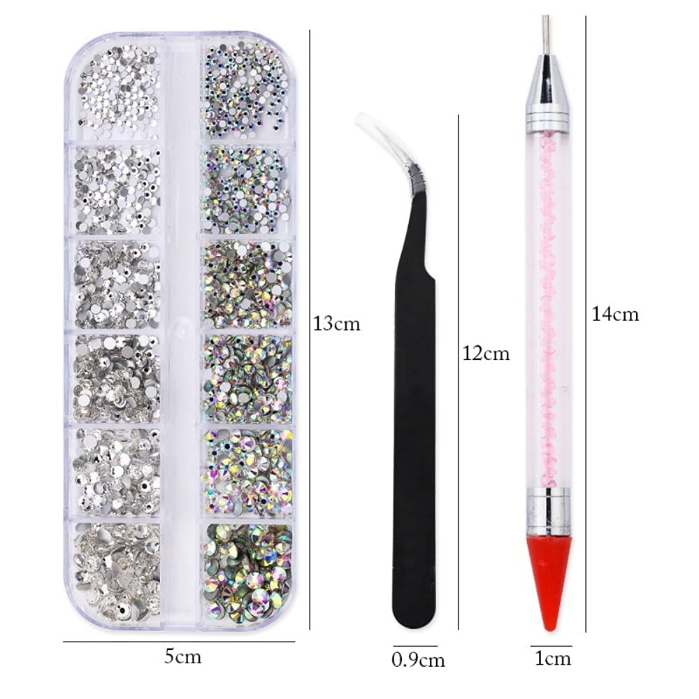 HANNEA Nail Art Kit Flat Back AB Crystal Rhinestones and Clear Crystal Rhinestones with Pick Up Tweezer and Rhinestone Picker Dotting Pen(1500 PCS,