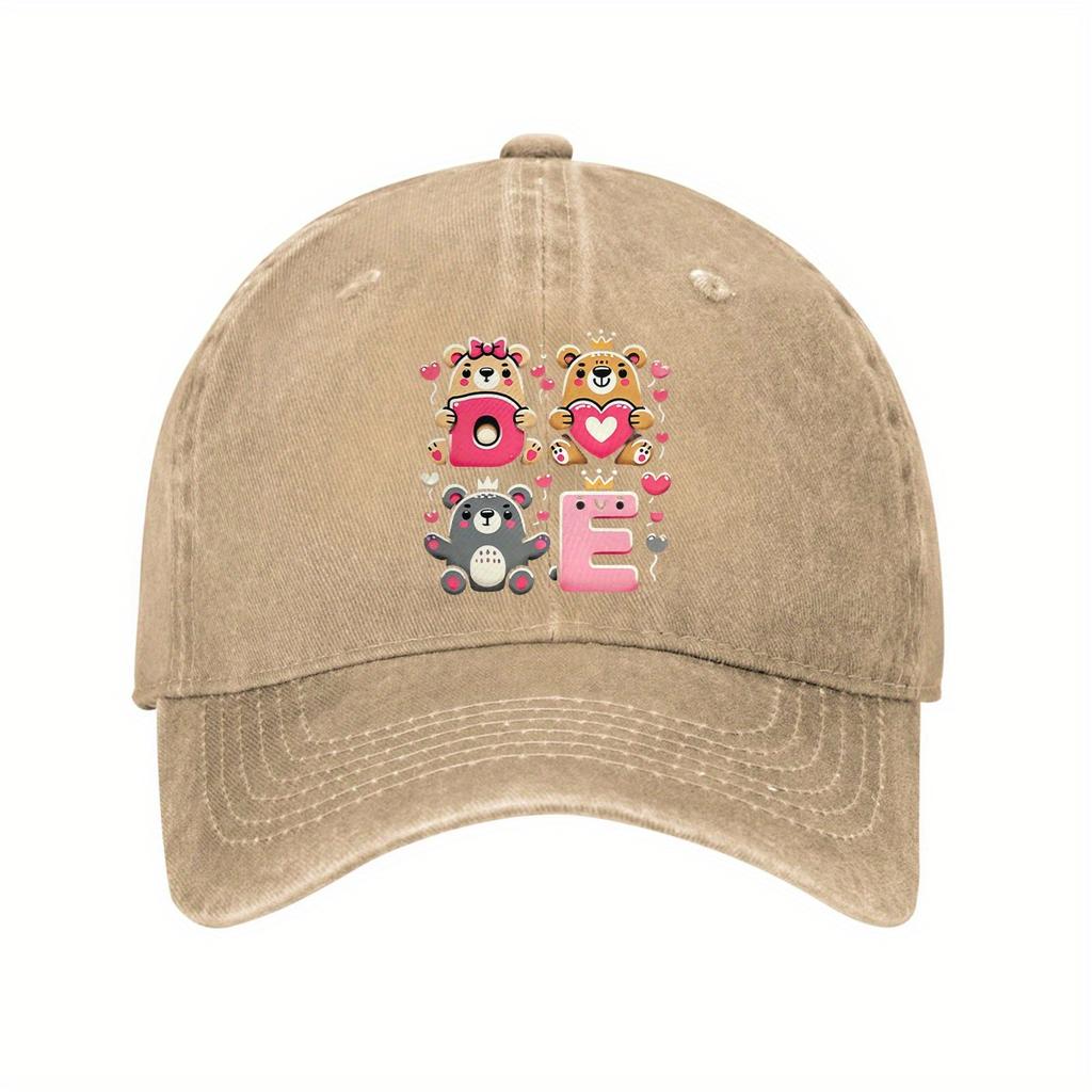 Cute Love Bears Print Baseball Cap Unisex Adjustable Cotton Dad Hat Casual Outdoor Running Cap