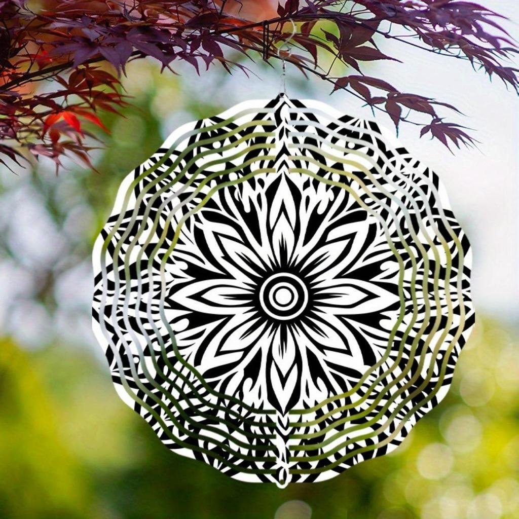 10 Inch Black and White Mandala Wind Spinner Metal Garden Art for Outdoor Decor Patio Porch Balcony Indoor Decor No Electricity Needed