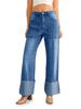 Damen Boyfriend Jeans Gerades Bein Aufgeschlagen Denim Hose Lässige Hose