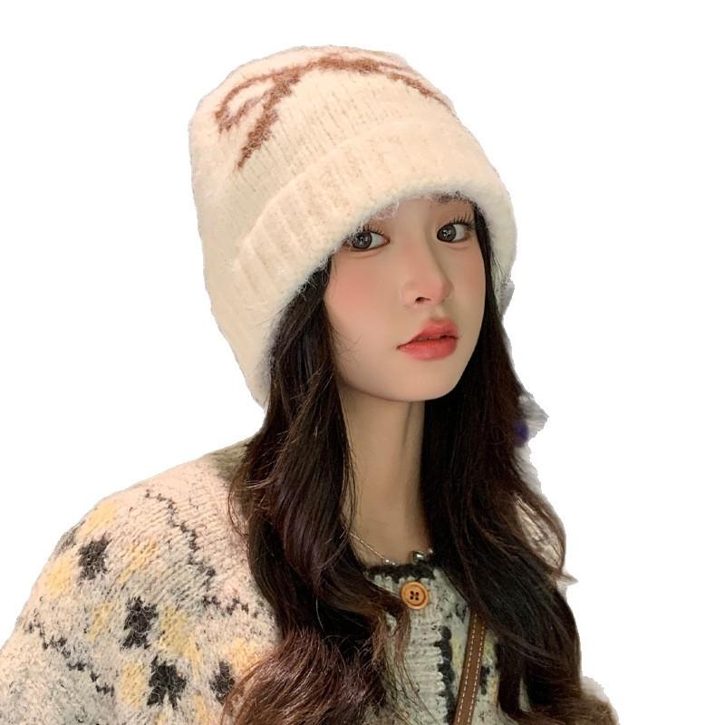 Sweet and Cute Bow Jacquard Knitted Cold Hat Autumn and Winter Casual Versatile Warm Hat Outdoor Cold Hat Women
