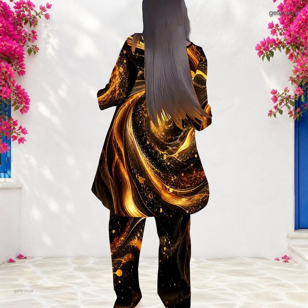 Women Plus Size Round Neck Long Sleeve Printed Layered Top Long Pants Two Piece Set