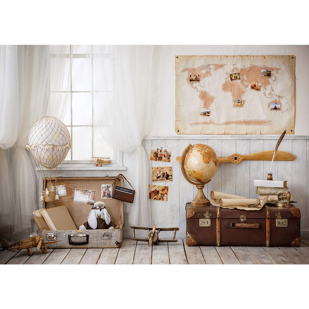 Plane Suitcase Map Travel Birthday Decor Baby Shower Vinyl Cloth Photo Backgrounds Photography Backdrops Photocall Photo Studio