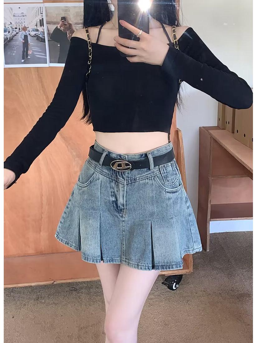 

2024 Женская джинсовая юбка А-силуэта с завышенной талией и складками - Американский ретро-стиль M синий