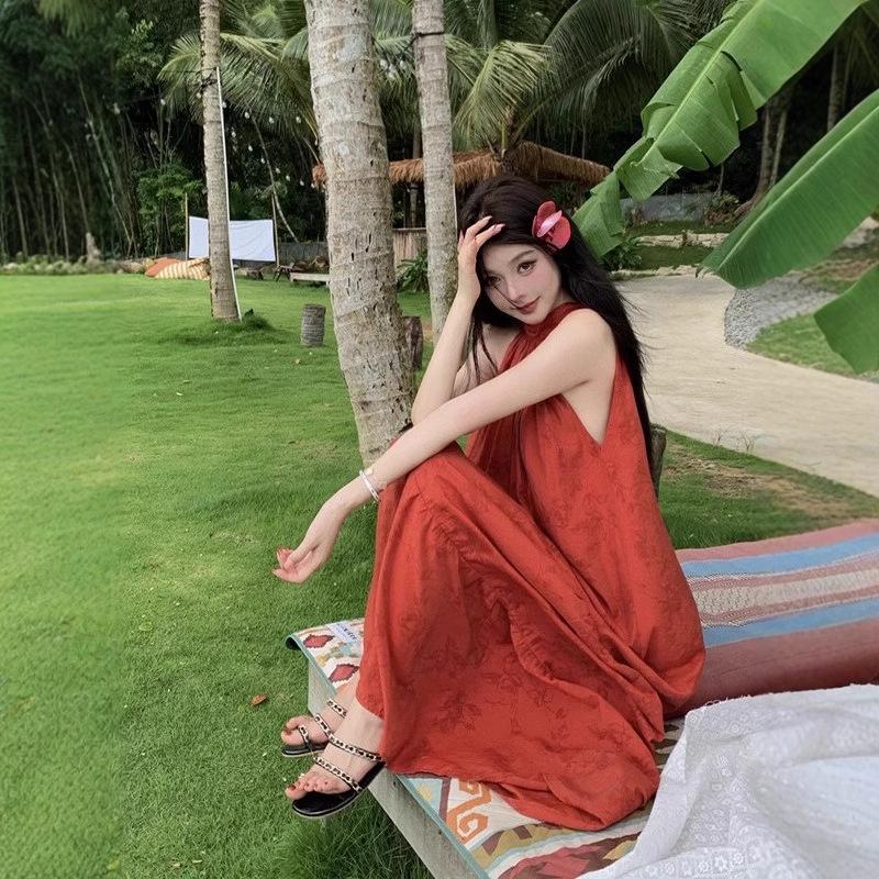 2025 Summer Retro Red Halter Dress: Elegant Long Dress for Travel Photography