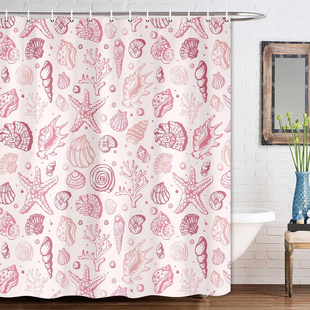 Summer Beach Seashell Shower Curtain,Pink Kids Shower Curtain Set,Nautical Ocean Coastal Shower Curtain,Fabric Shower Curtains for Bathroom 70X70in
