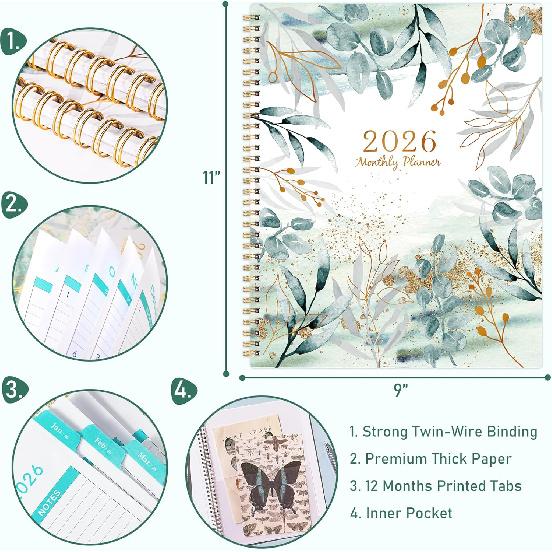 2026 Monthly Planner - 2026 Planner from January 2026- December 2026, 2026 Monthly Planner 8.5"x 11", with Tabs, Double Back Pocket, Large Blocks