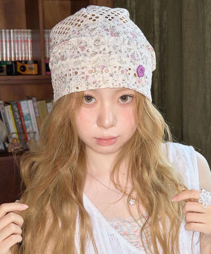 Kiibi Floral Button Beanie Ivory