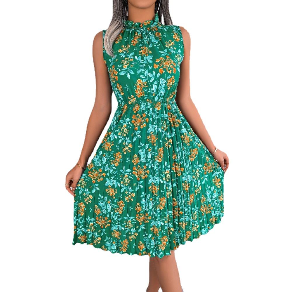 GMXIA Women's Fashion Summer Spring Sleeveless Half Turtleneck Slim Floral Print Cocktail & Evening Dresses