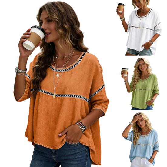 Women Tops Round Neck Half Sleeve Loose Fit Tee Shirt Pure Color Hollow Design Soft Stretchy Blouse Daily Wear