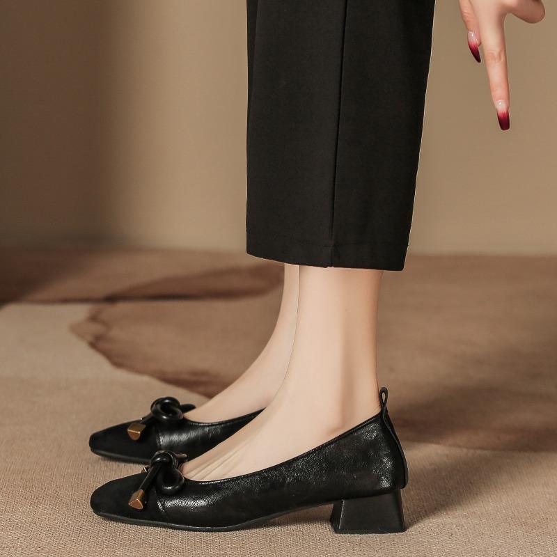 H965-2 pantofi simpli cu toc gros pentru femei, toamnă nou, piele întoarsă, fundă, retro, toc înalt, piele moale, nu obosesc picioarele, femei