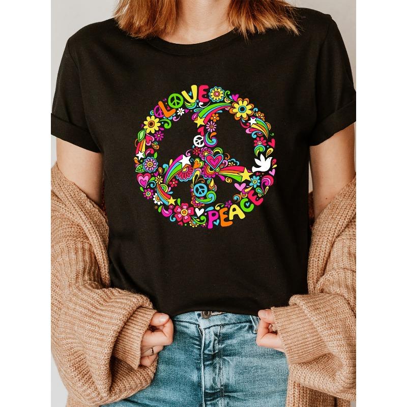 Women's Love Peace Floral Print T-Shirt - Short Sleeve Crew Neck Casual Top with Vibrant Rainbow Colors, Semi-Sheer All-Season Comfort